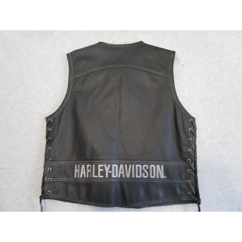 Harley-Davidson Leather Vest Mens Medium M Black Biker Lace Up Eagle Logo Gilet - Picture 2 of 14